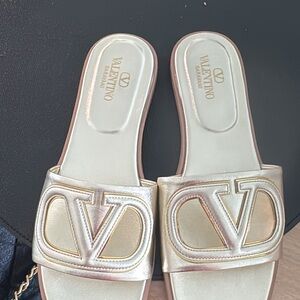 Valentino Garavani Metallic Gold Logo Slide Mules